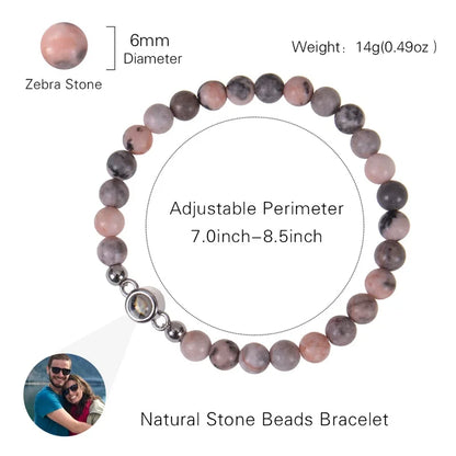 Personalized Photo Projection Bracelet - Custom Heart Picture & Natural Stone Beads