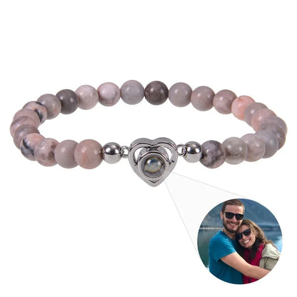 Personalized Photo Projection Bracelet - Custom Heart Picture & Natural Stone Beads