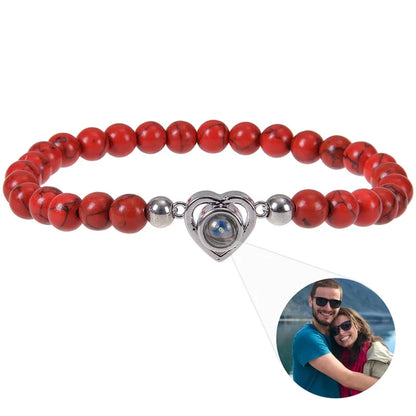 Personalized Photo Projection Bracelet - Custom Heart Picture & Natural Stone Beads