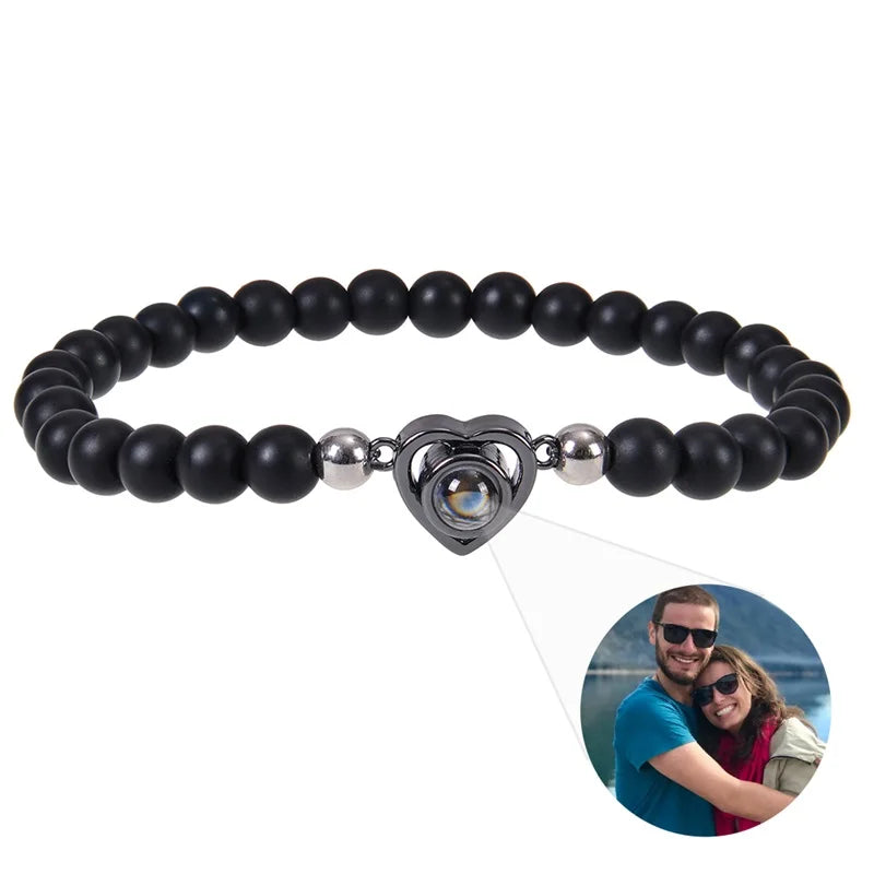 Personalized Photo Projection Bracelet - Custom Heart Picture & Natural Stone Beads