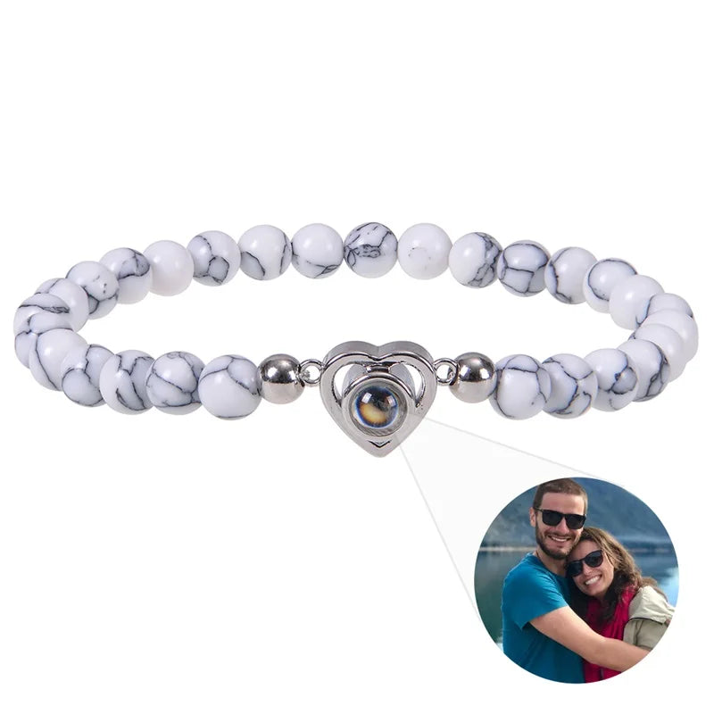 Personalized Photo Projection Bracelet - Custom Heart Picture & Natural Stone Beads