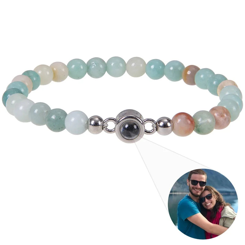 Personalized Photo Projection Bracelet - Custom Heart Picture & Natural Stone Beads