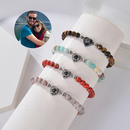 Personalized Photo Projection Bracelet - Custom Heart Picture & Natural Stone Beads