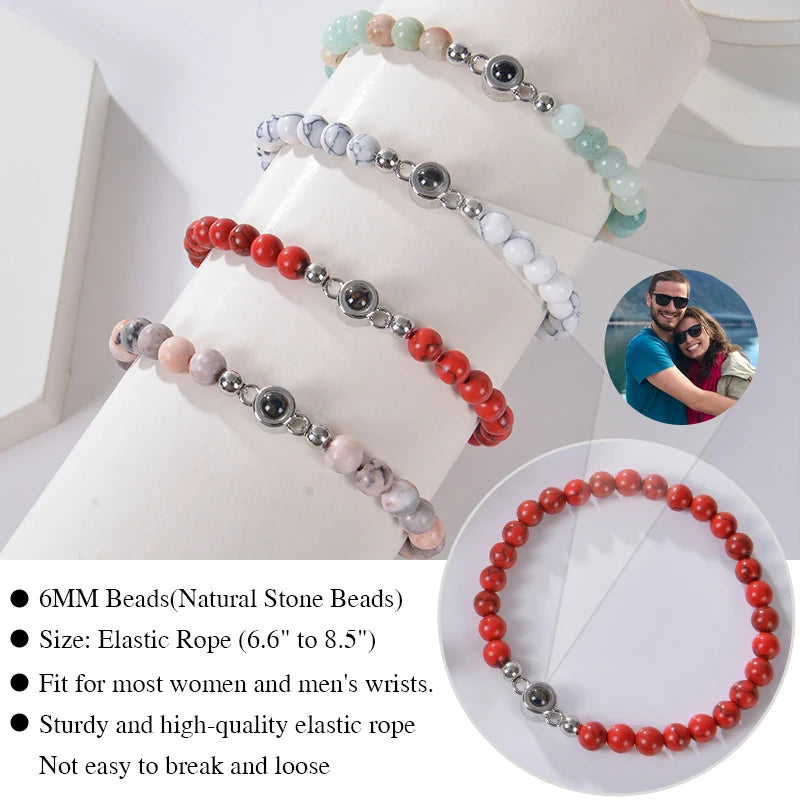 Personalized Photo Projection Bracelet - Custom Heart Picture & Natural Stone Beads