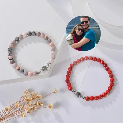 Personalized Photo Projection Bracelet - Custom Heart Picture & Natural Stone Beads