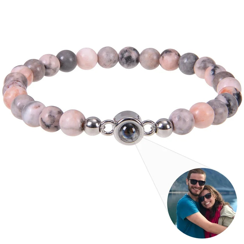 Personalized Photo Projection Bracelet - Custom Heart Picture & Natural Stone Beads