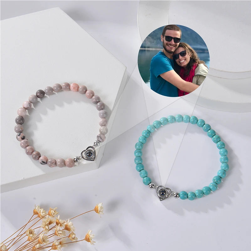 Personalized Photo Projection Bracelet - Custom Heart Picture & Natural Stone Beads