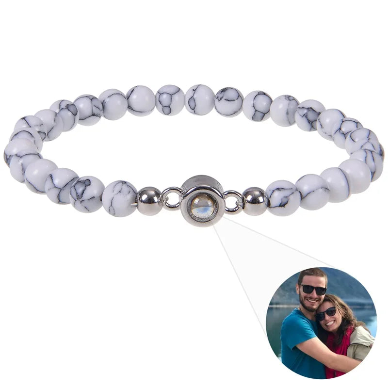 Personalized Photo Projection Bracelet - Custom Heart Picture & Natural Stone Beads