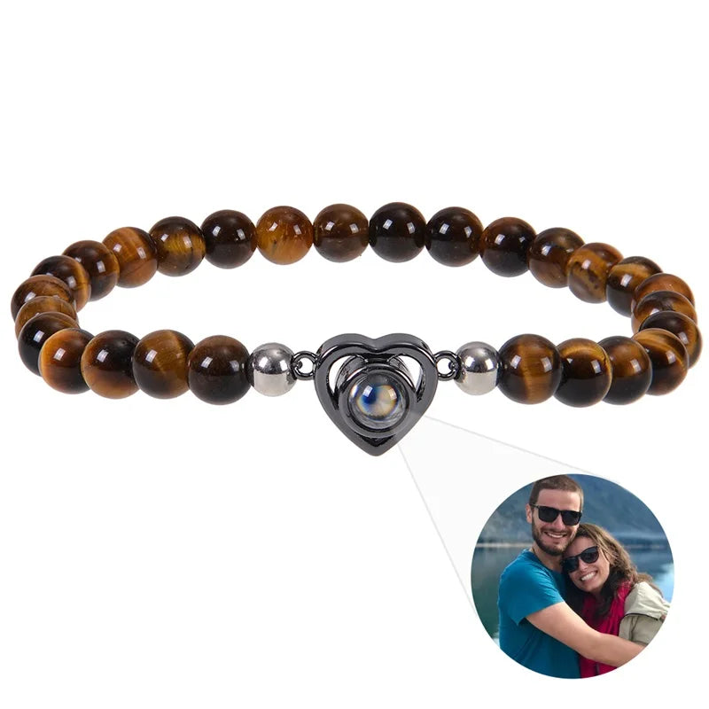 Personalized Photo Projection Bracelet - Custom Heart Picture & Natural Stone Beads