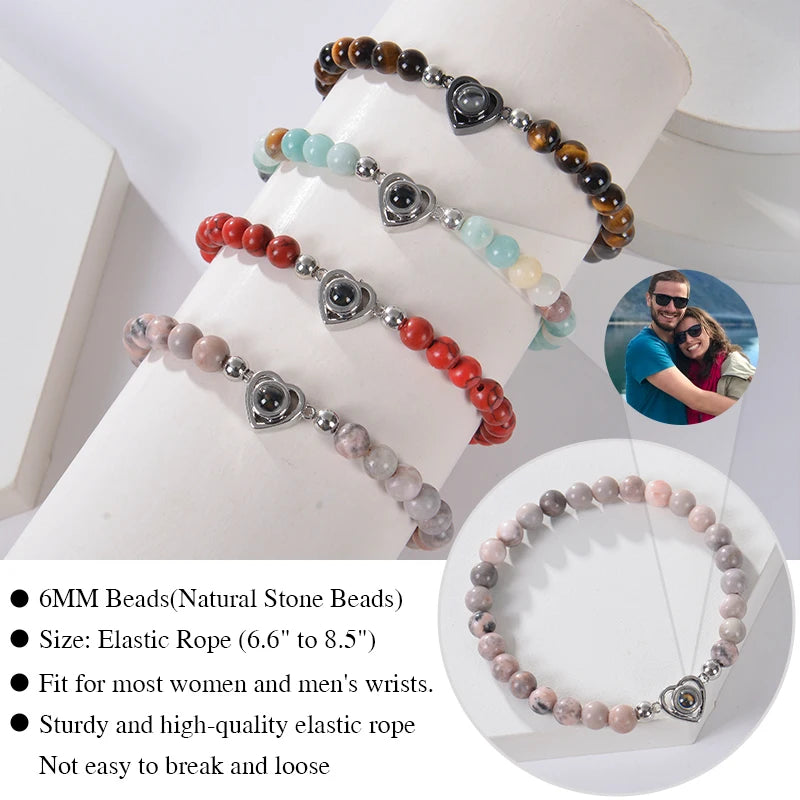 Personalized Photo Projection Bracelet - Custom Heart Picture & Natural Stone Beads