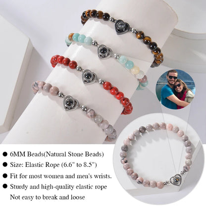 Personalized Photo Projection Bracelet - Custom Heart Picture & Natural Stone Beads