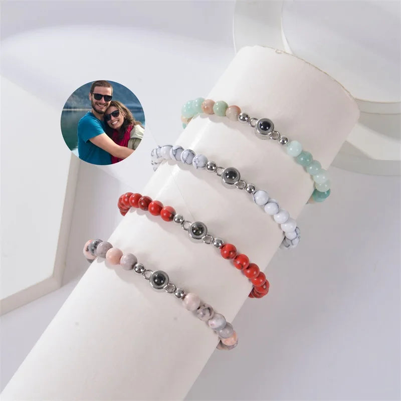 Personalized Photo Projection Bracelet - Custom Heart Picture & Natural Stone Beads