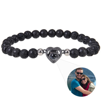 Personalized Photo Projection Bracelet - Custom Heart Picture & Natural Stone Beads