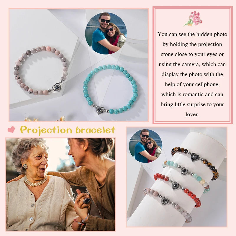 Personalized Photo Projection Bracelet - Custom Heart Picture & Natural Stone Beads